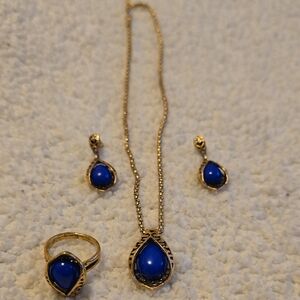 Gold-Tone Necklace Set with Royal Blue Teardrop Stones